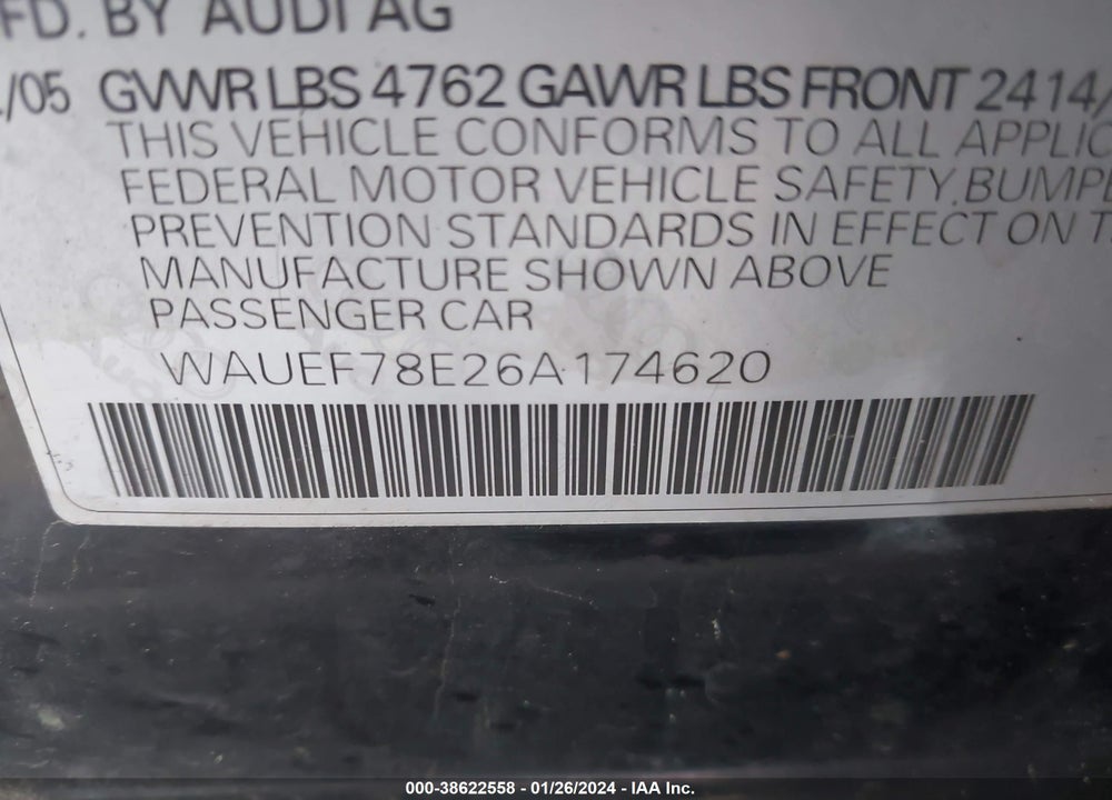 2006 AUDI A4 2.0T VIN: WAUEF78E26A174620