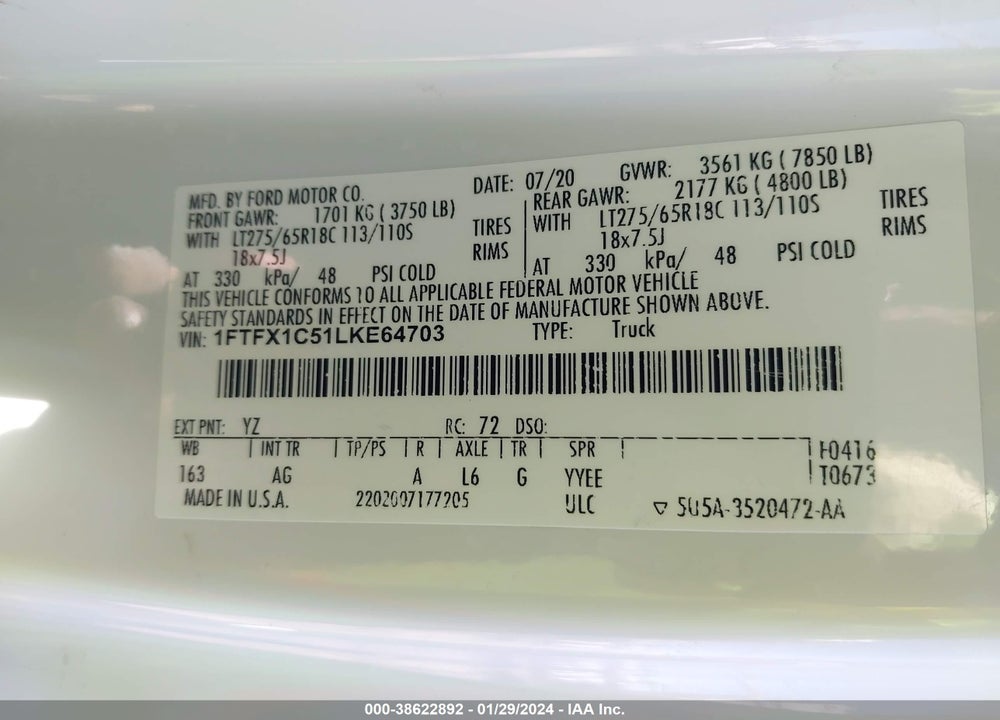 2020 FORD F-150 XL VIN: 1FTFX1C51LKE64703