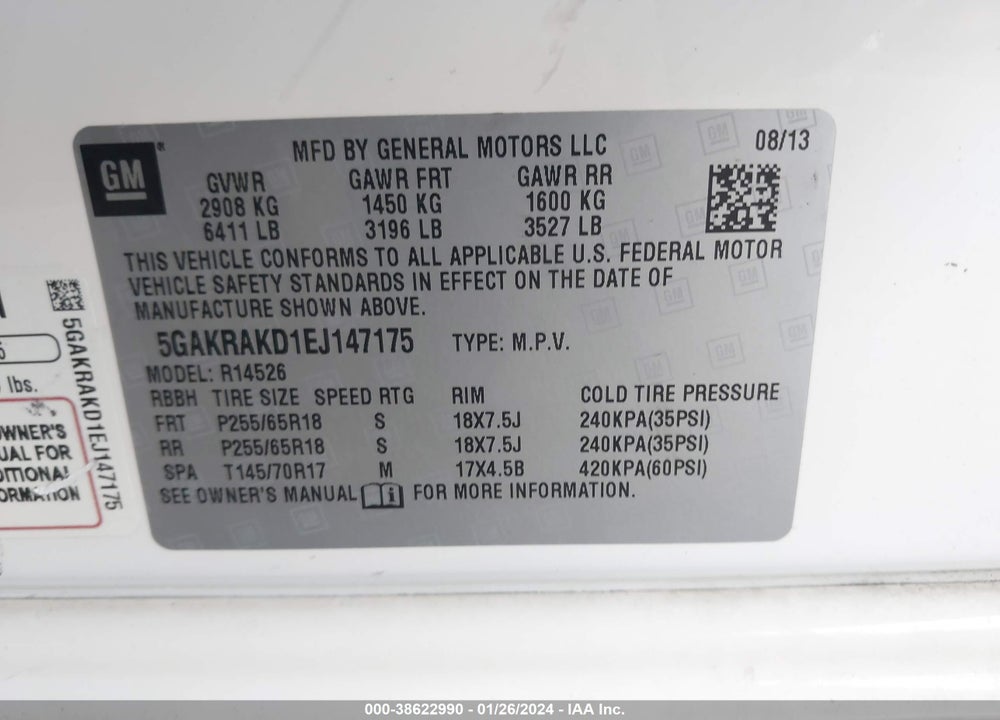 2014 BUICK ENCLAVE CONVENIENCE VIN: 5GAKRAKD1EJ147175