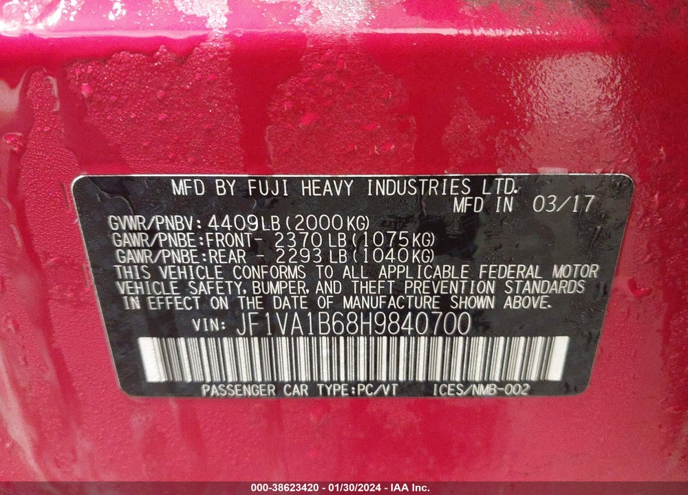 2017 SUBARU WRX VIN: JF1VA1B68H9840700