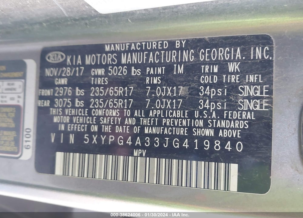 2018 KIA SORENTO 2.4L LX VIN: 5XYPG4A33JG419840