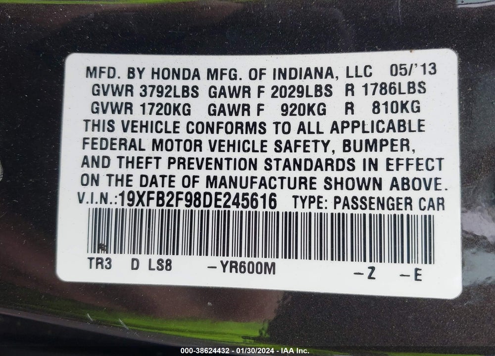 2013 HONDA CIVIC EX-L VIN: 19XFB2F98DE245616