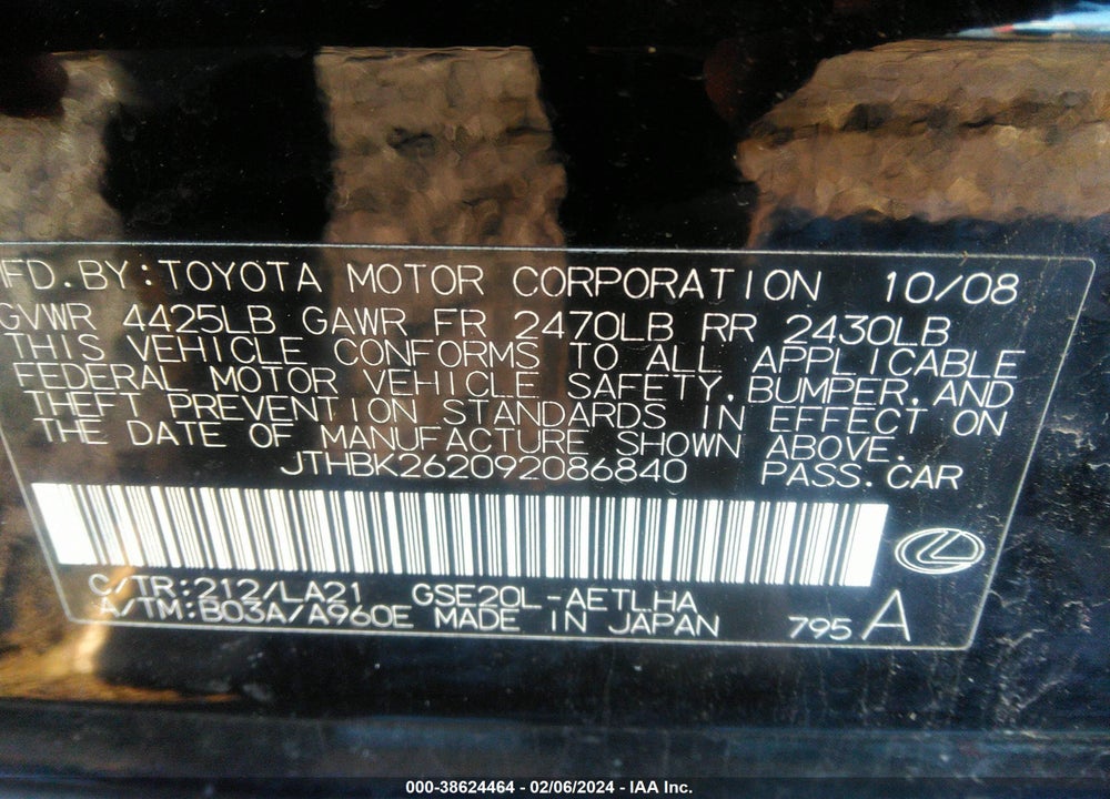 2009 LEXUS IS 250 VIN: JTHBK262092086840