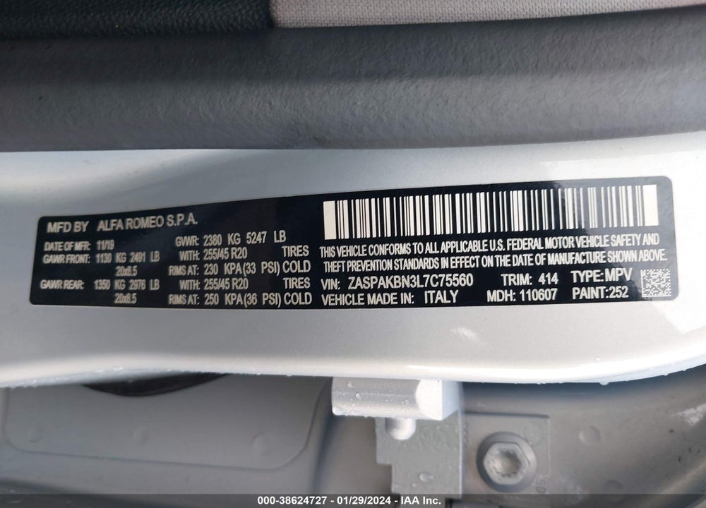 2020 ALFA ROMEO STELVIO TI AWD VIN: ZASPAKBN3L7C75560