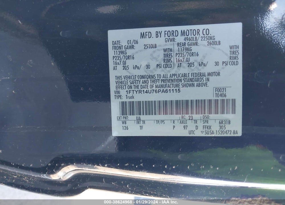 2006 FORD RANGER SPORT/STX/XL/XLT VIN: 1FTYR14U76PA61115