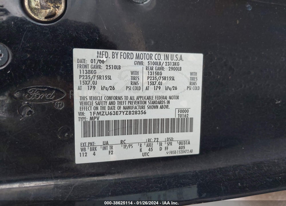 2000 FORD EXPLORER VIN: 1FMZU63E7YZB28356