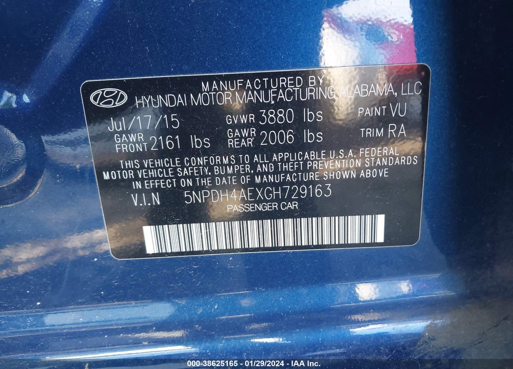 2016 HYUNDAI ELANTRA SE VIN: 5NPDH4AEXGH729163