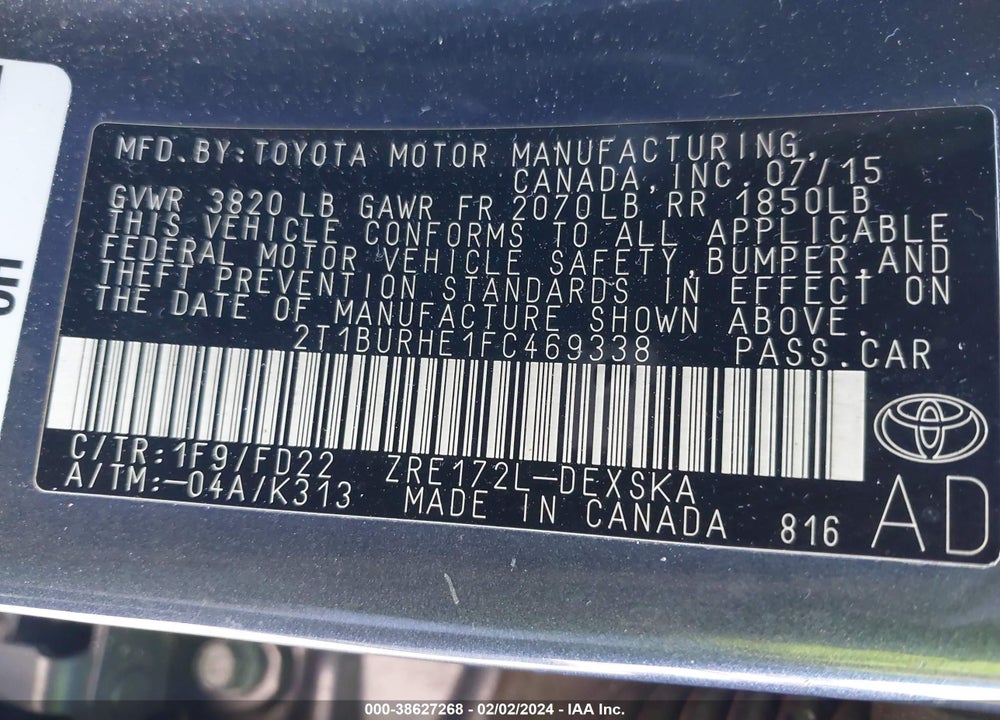 2015 TOYOTA COROLLA S PLUS VIN: 2T1BURHE1FC469338
