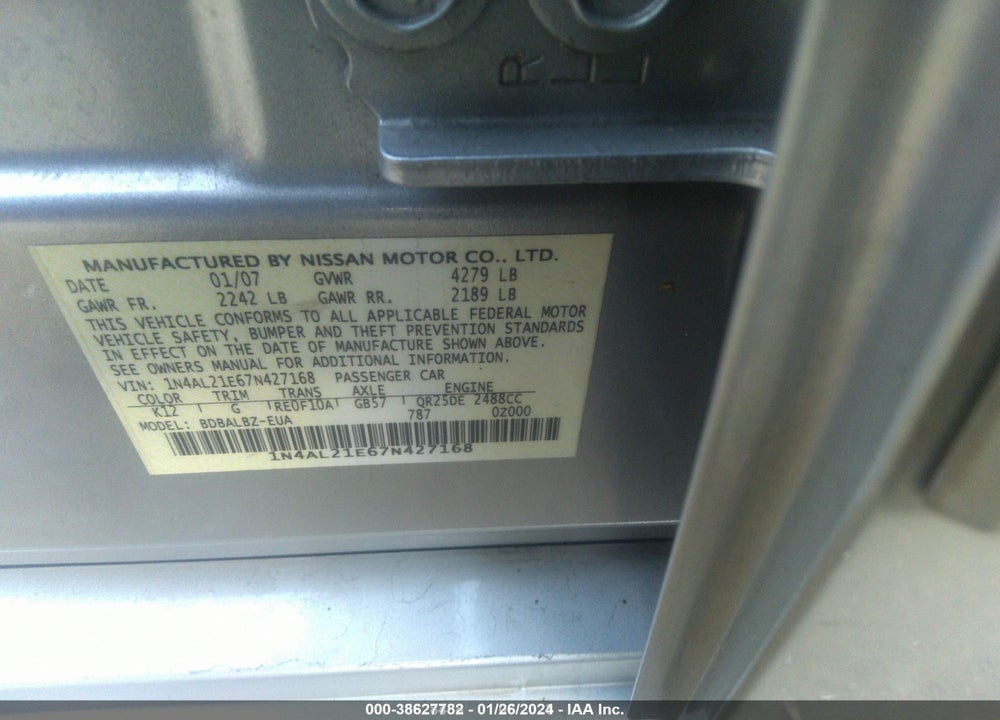 2007 NISSAN ALTIMA 2.5 S VIN: 1N4AL21E67N427168