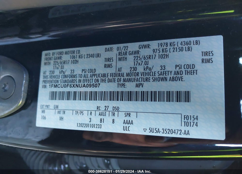 2022 FORD ESCAPE S VIN: 1FMCU0F6XNUA09507
