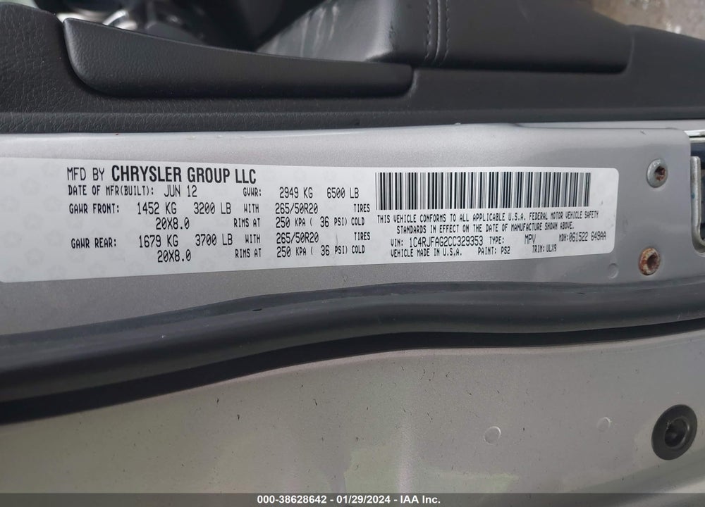 2012 JEEP GRAND CHEROKEE LAREDO VIN: 1C4RJFAG2CC329353