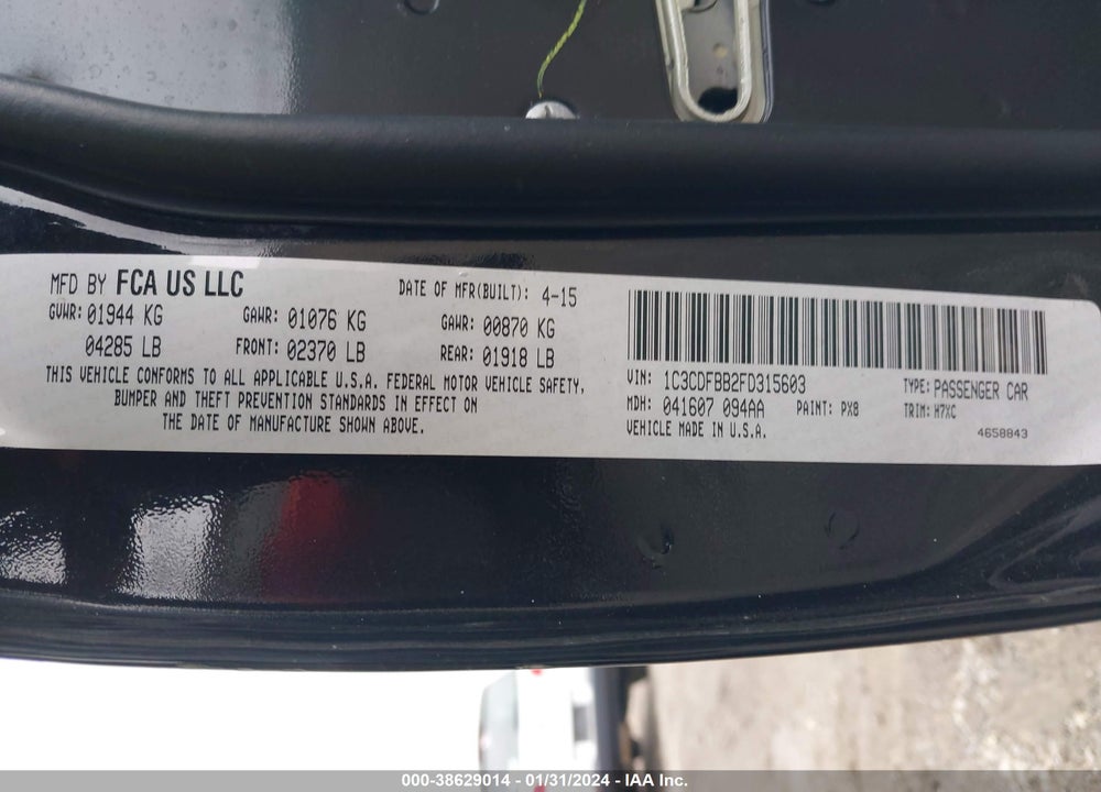 2015 DODGE DART SXT VIN: 1C3CDFBB2FD315603