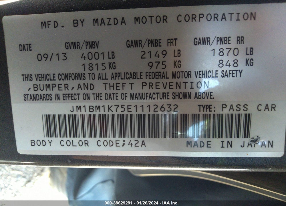 2014 MAZDA 3 VIN: JM1BM1K75E1112632