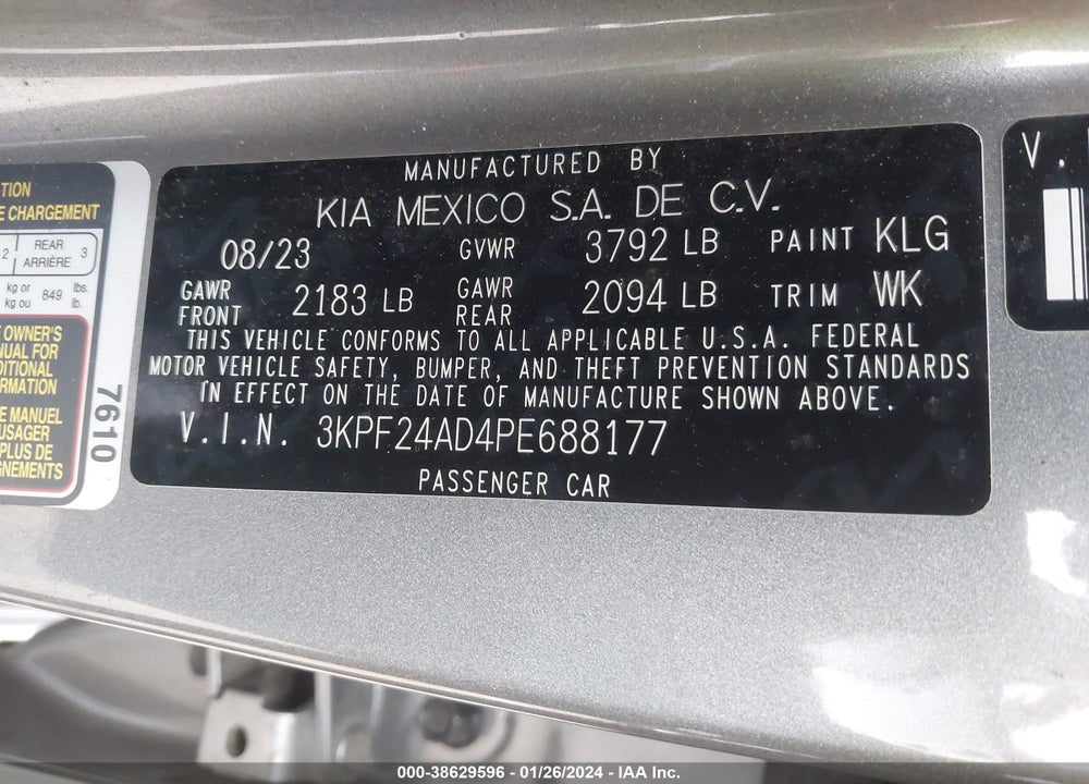 2023 KIA FORTE VIN: 3KPF24AD4PE688177