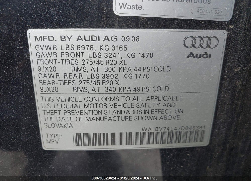 2007 AUDI Q7 4.2 PREMIUM VIN: WA1BV74L47D048394