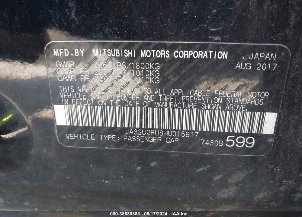 2017 MITSUBISHI LANCER LE VIN: JA32U2FU8HU015917