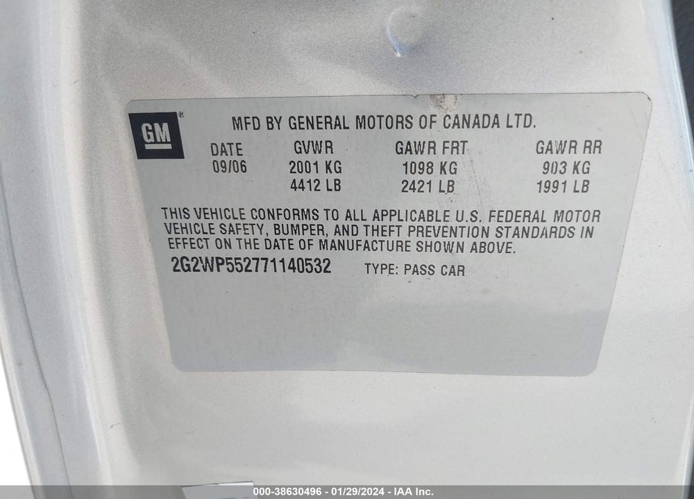 2007 PONTIAC GRAND PRIX VIN: 2G2WP552771140532