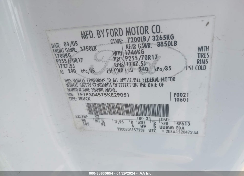 2005 FORD F-150 FX4/XLT VIN: 1FTPX04575KE29051