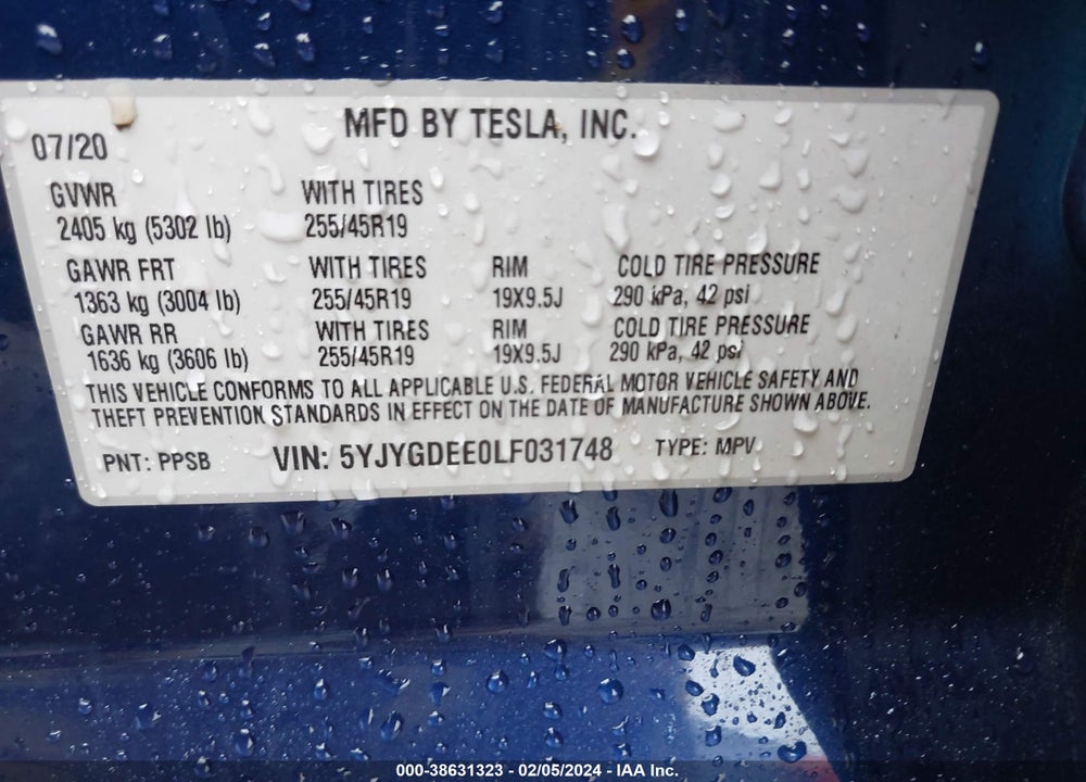 2020 TESLA MODEL Y LONG RANGE DUAL MOTOR ALL-WHEEL DRIVE VIN: 5YJYGDEE0LF031748
