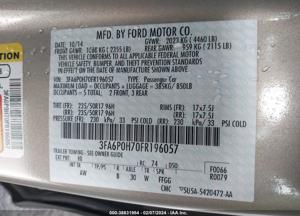 2015 FORD FUSION VIN: 3FA6P0H70FR196057