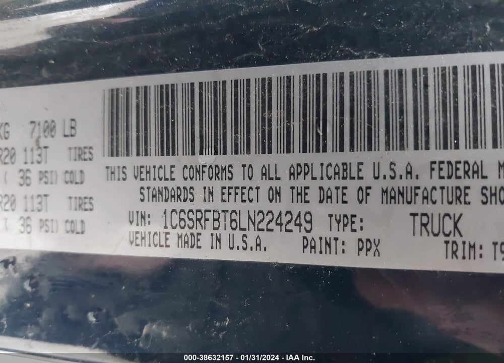 2020 RAM 1500 BIG HORN QUAD CAB 4X4 6'4 BOX VIN: 1C6SRFBT6LN224249