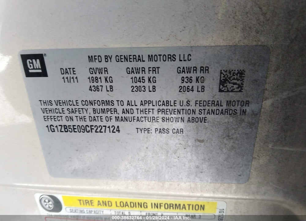 2012 CHEVROLET MALIBU LS VIN: 1G1ZB5E09CF227124