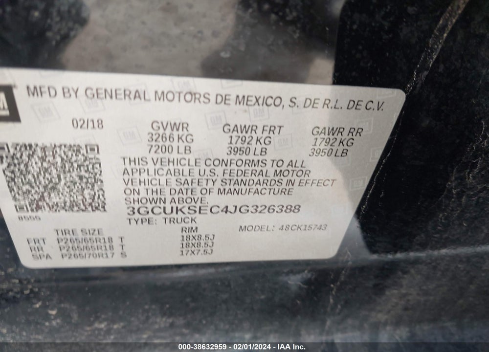 2018 CHEVROLET SILVERADO 1500 1LZ VIN: 3GCUKSEC4JG326388