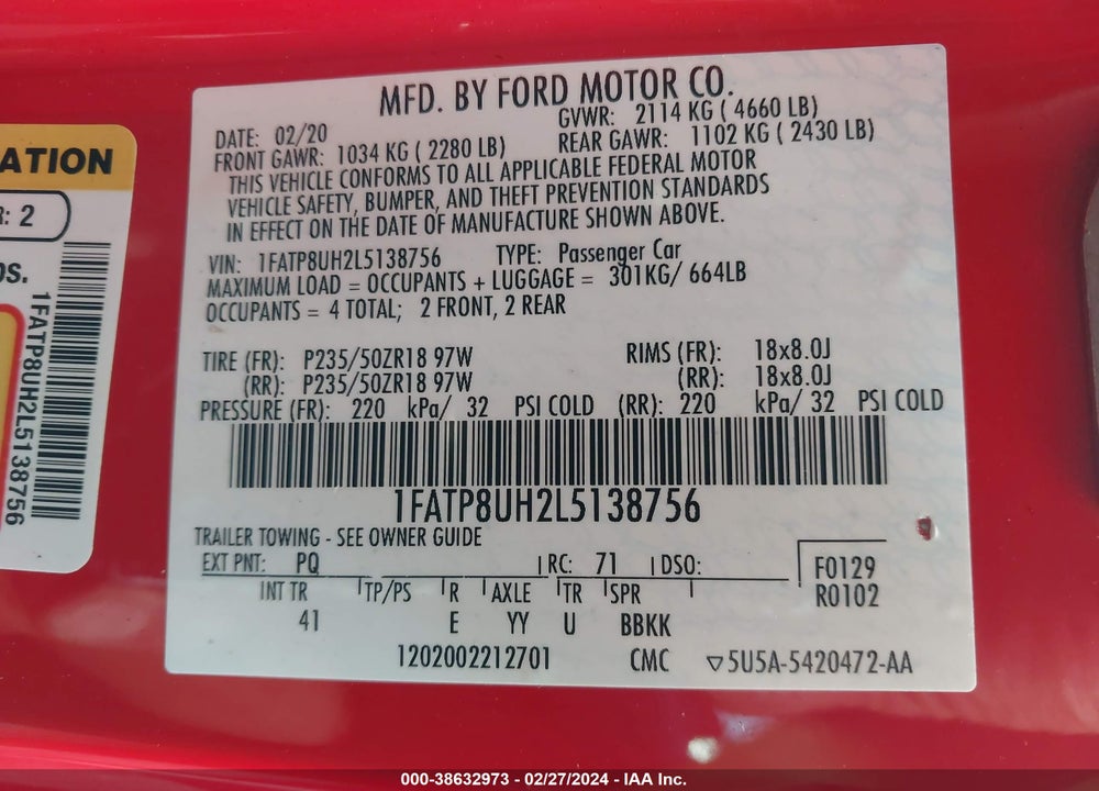 2020 FORD MUSTANG ECOBOOST PREMIUM VIN: 1FATP8UH2L5138756