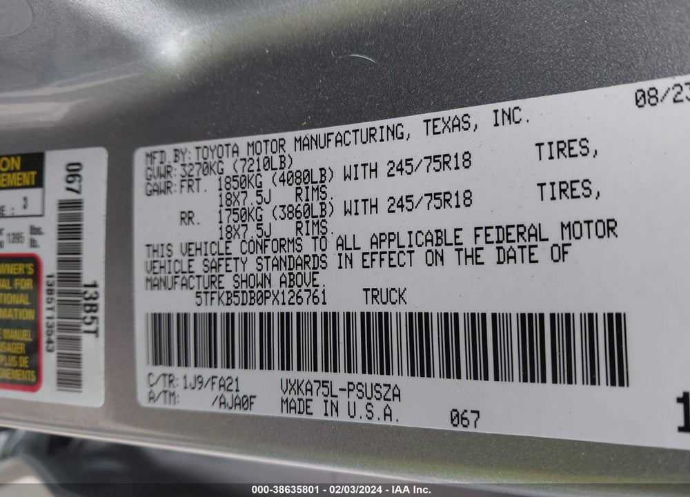 2023 TOYOTA TUNDRA SR VIN: 5TFKB5DB0PX126761