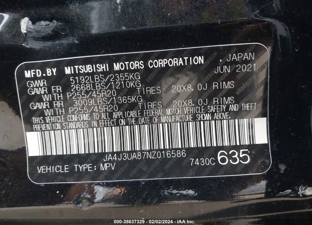 2022 MITSUBISHI OUTLANDER BLACK EDITION 2WD/SE 2.5 2WD/SE LAUNCH EDITION 2WD VIN: JA4J3UA87NZ016586