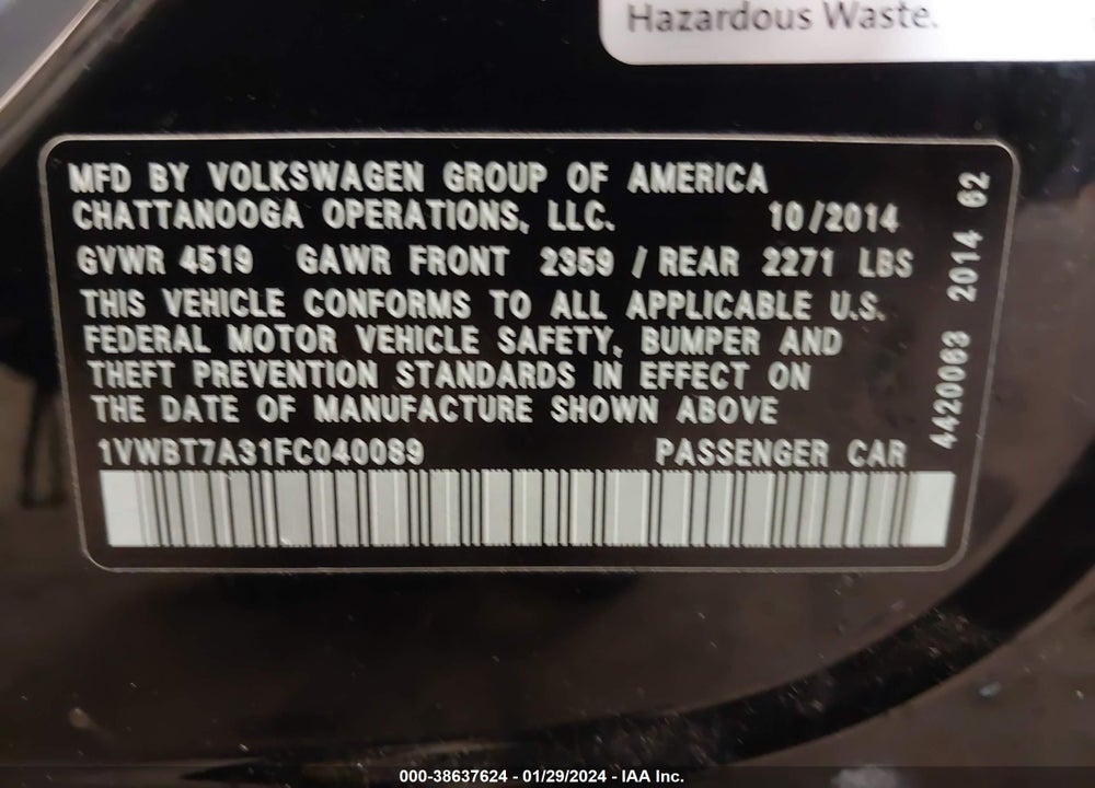 2015 VOLKSWAGEN PASSAT 1.8T SE VIN: 1VWBT7A31FC040089