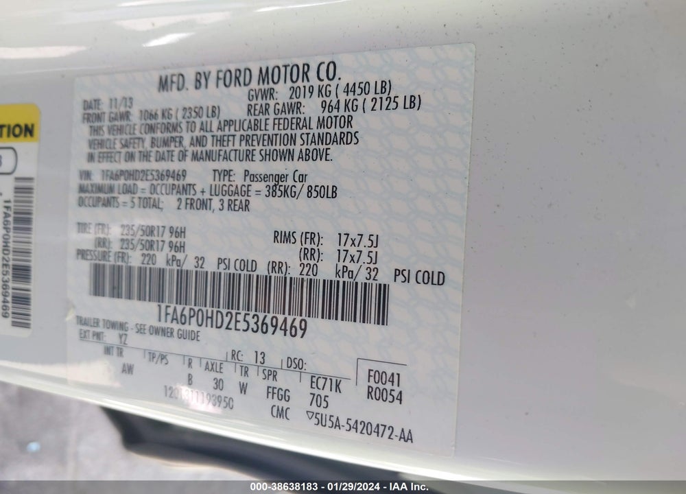 2014 FORD FUSION SE VIN: 1FA6P0HD2E5369469