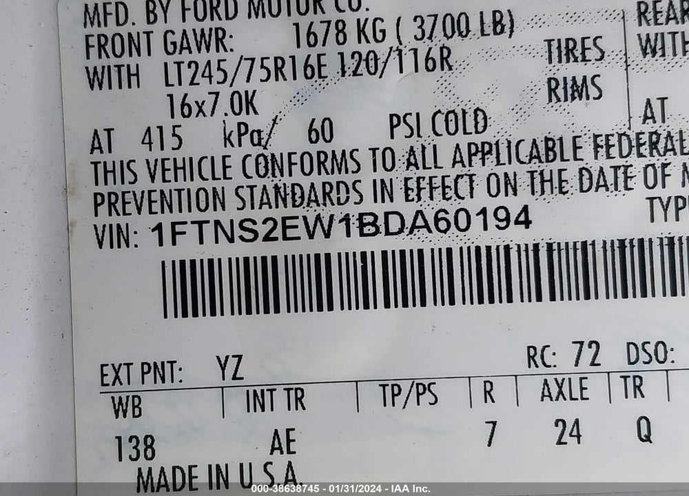 2011 FORD E-250 COMMERCIAL VIN: 1FTNS2EW1BDA60194