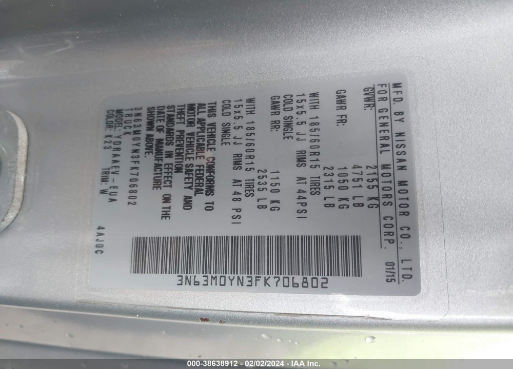 2015 CHEVROLET CITY EXPRESS 1LS VIN: 3N63M0YN3FK706802