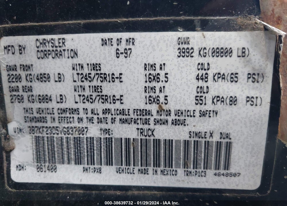 1997 DODGE RAM 2500 ST VIN: 3B7KF23D5VG837007