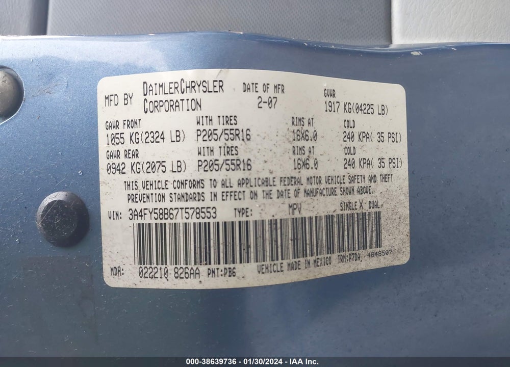 2007 CHRYSLER PT CRUISER VIN: 3A4FY58B67T578553
