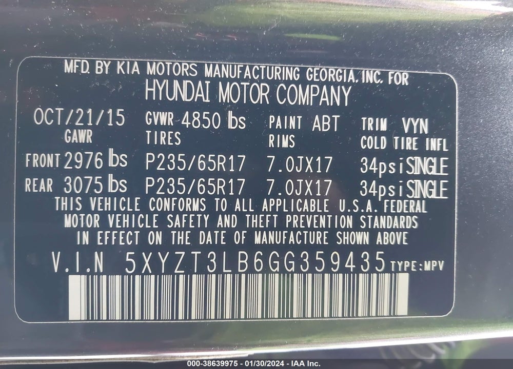 2016 HYUNDAI SANTA FE SPORT 2.4L VIN: 5XYZT3LB6GG359435
