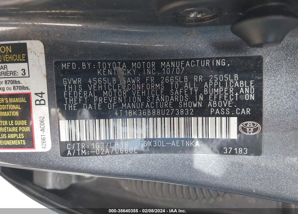 2008 TOYOTA AVALON TOURING VIN: 4T1BK36B88U273832