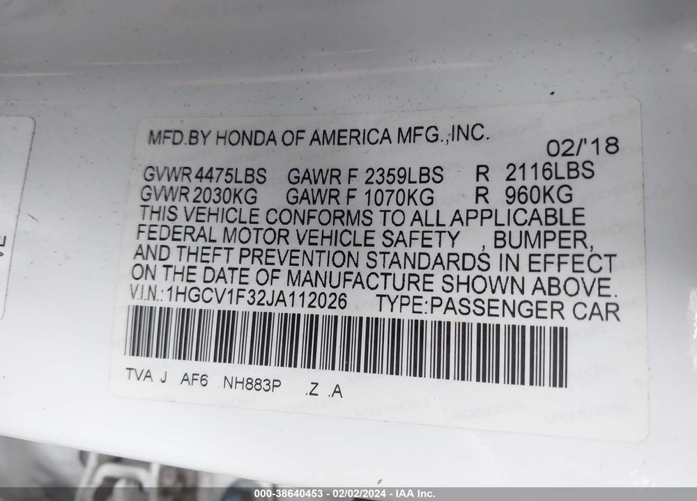 2018 HONDA ACCORD SPORT VIN: 1HGCV1F32JA112026
