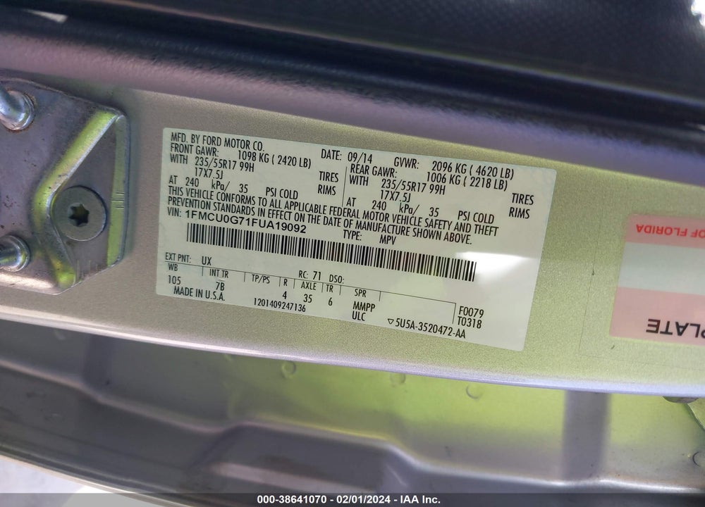 2015 FORD ESCAPE SE VIN: 1FMCU0G71FUA19092
