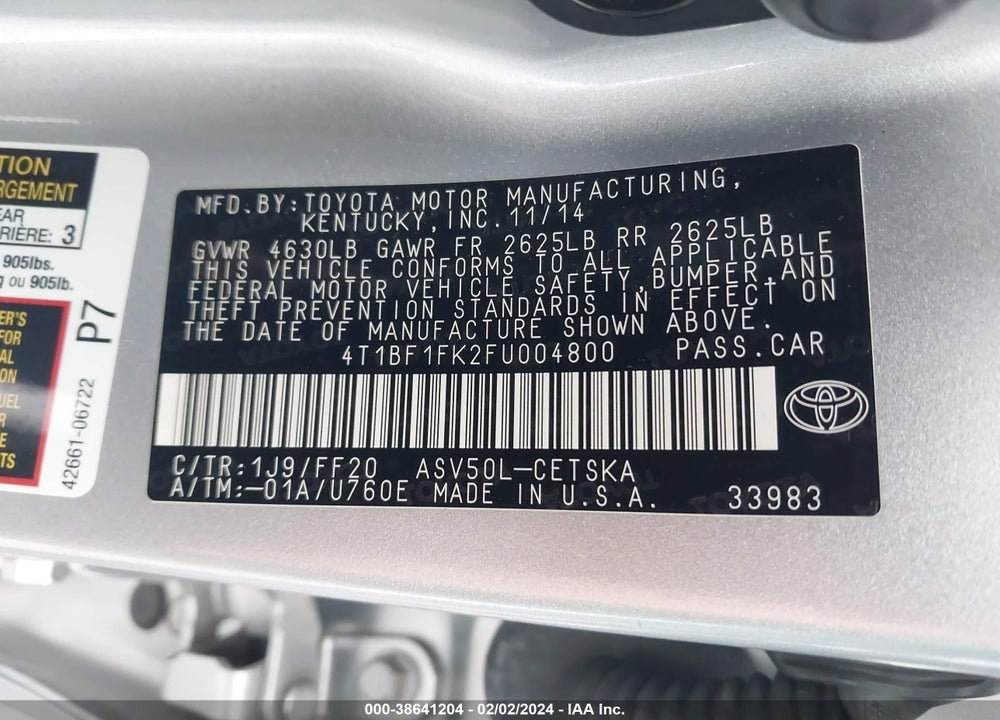 2015 TOYOTA CAMRY SE VIN: 4T1BF1FK2FU004800