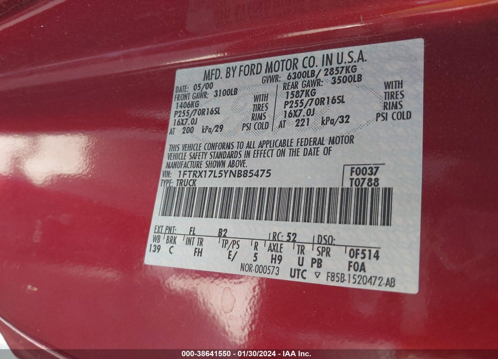 2000 FORD F-150 LARIAT/WORK SERIES/XL/XLT VIN: 1FTRX17L5YNB85475