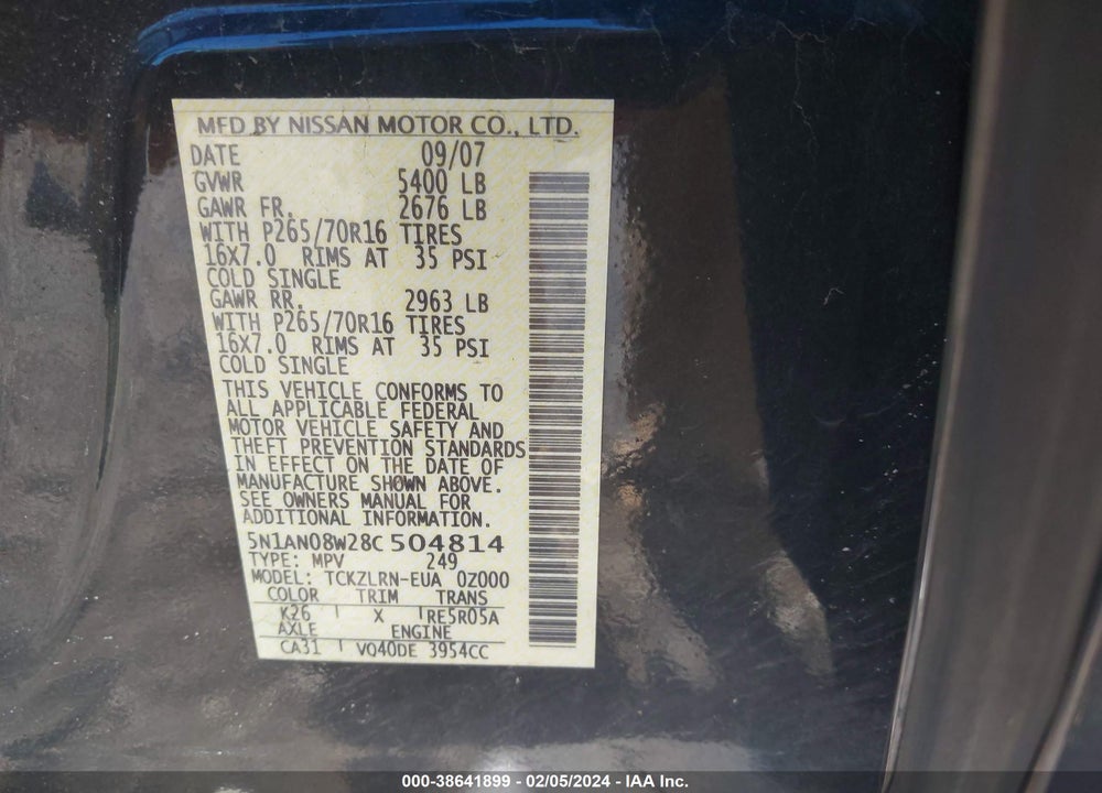 2008 NISSAN XTERRA S VIN: 5N1AN08W28C504814