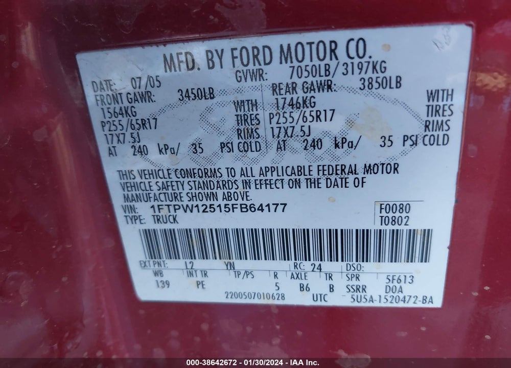 2005 FORD F-150 LARIAT/XLT VIN: 1FTPW12515FB64177