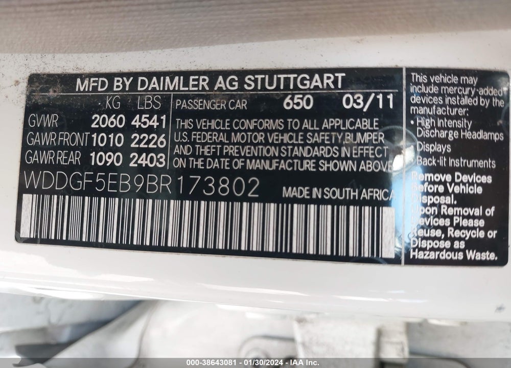 2011 MERCEDES-BENZ C 300 LUXURY/SPORT VIN: WDDGF5EB9BR173802