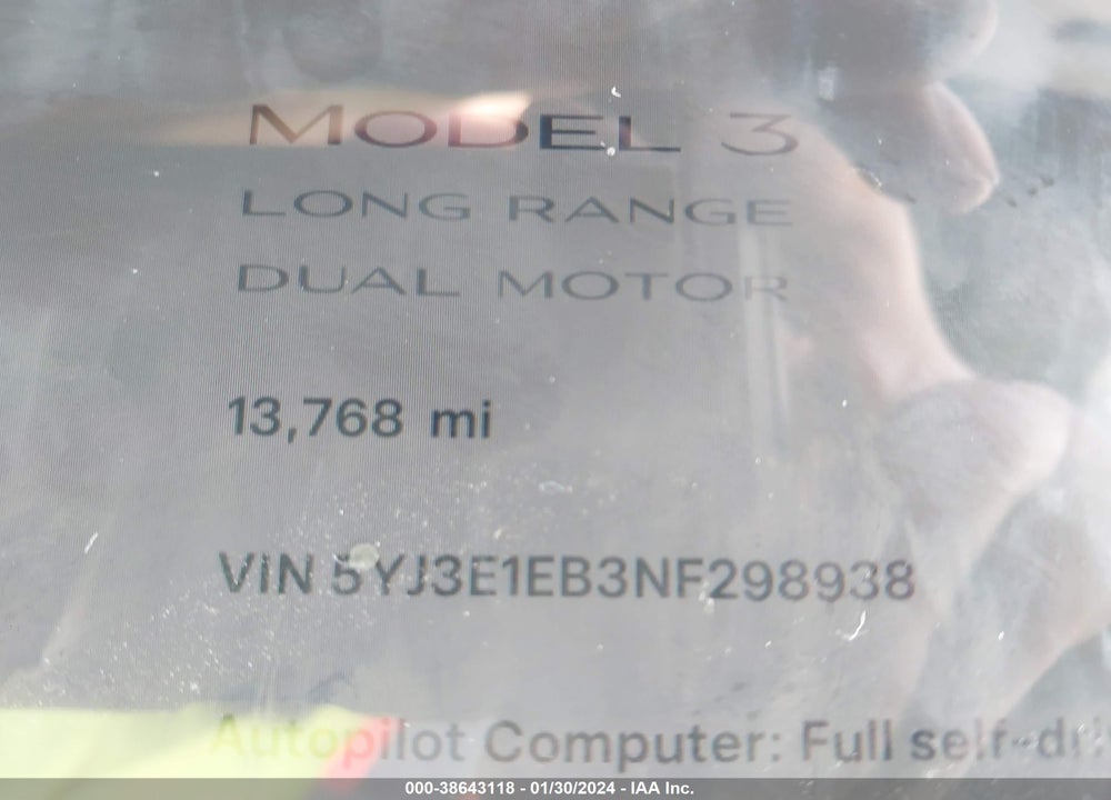 2022 TESLA MODEL 3 LONG RANGE DUAL MOTOR ALL-WHEEL DRIVE VIN: 5YJ3E1EB3NF298938