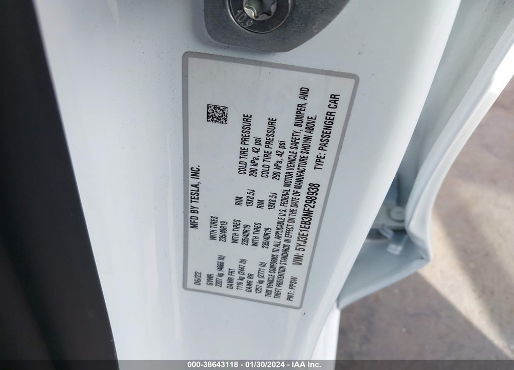 2022 TESLA MODEL 3 LONG RANGE DUAL MOTOR ALL-WHEEL DRIVE VIN: 5YJ3E1EB3NF298938