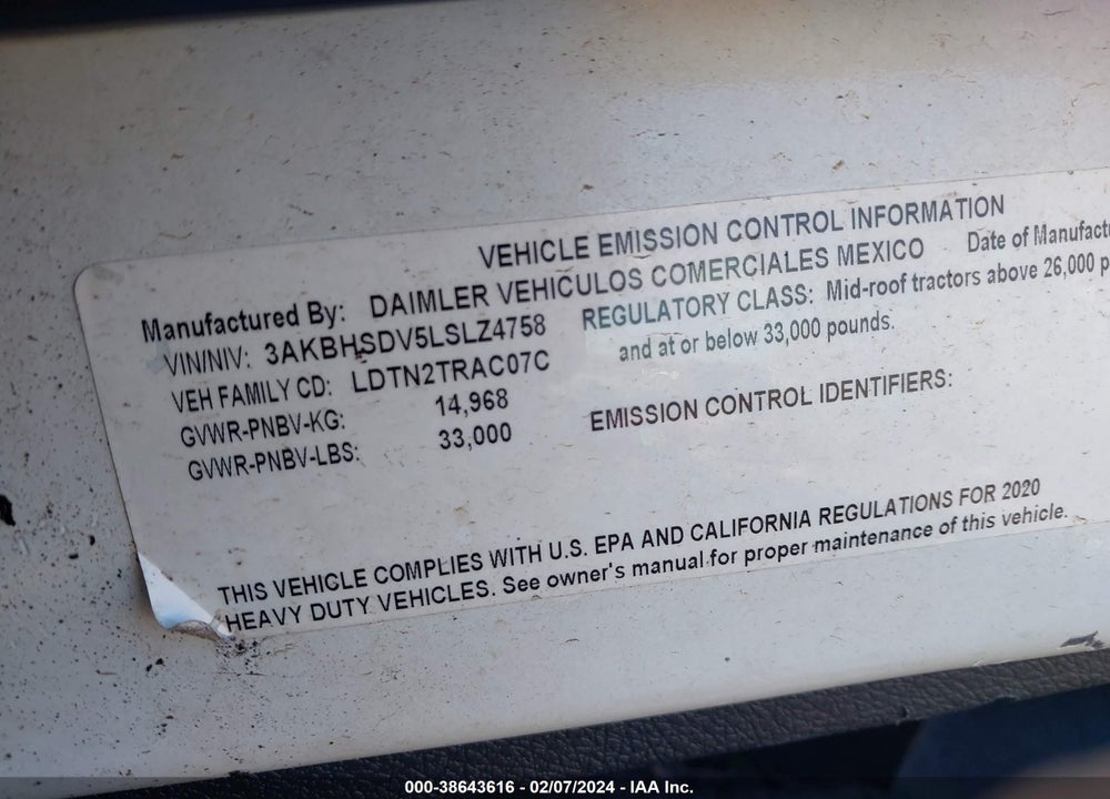 2020 FREIGHTLINER NEW CASCADIA 116 VIN: 3AKBHSDV5LSLZ4758