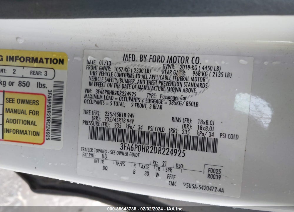2013 FORD FUSION SE VIN: 3FA6P0HR2DR224925