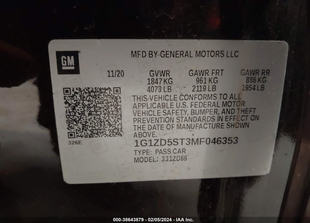 2021 CHEVROLET MALIBU FWD LT VIN: 1G1ZD5ST3MF046353